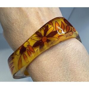 VTG Floral Lucite Bangle Bracelet Orange Brown Glitter Boho Cowgirl Stack Flower